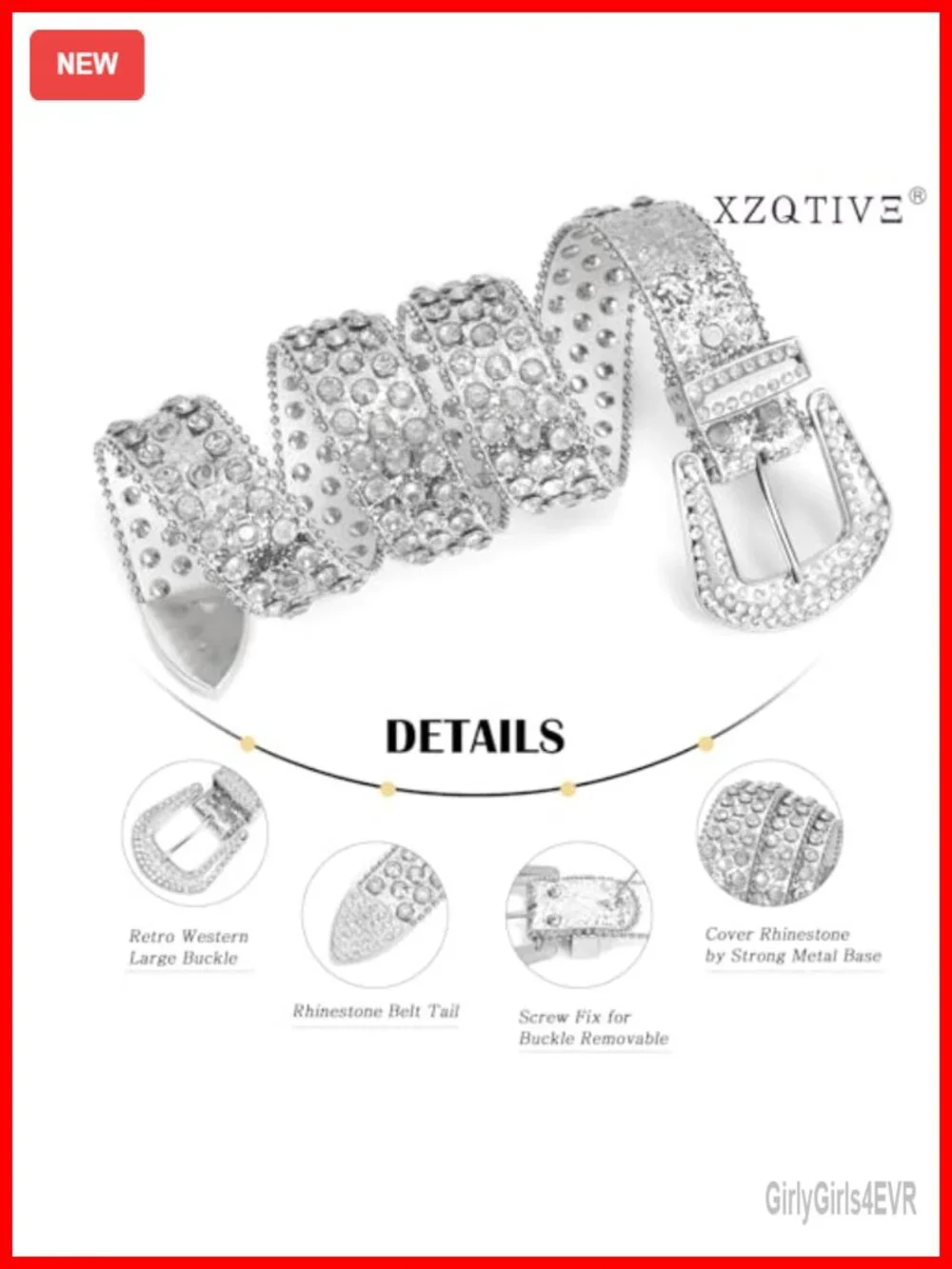 Studded Leather Western Belt with Rhinestone Buckle for Jeans